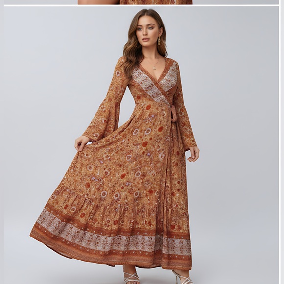 Boho Floral Print Bell Sleeve Tie Front Wrap Dress - Picture 6 of 13